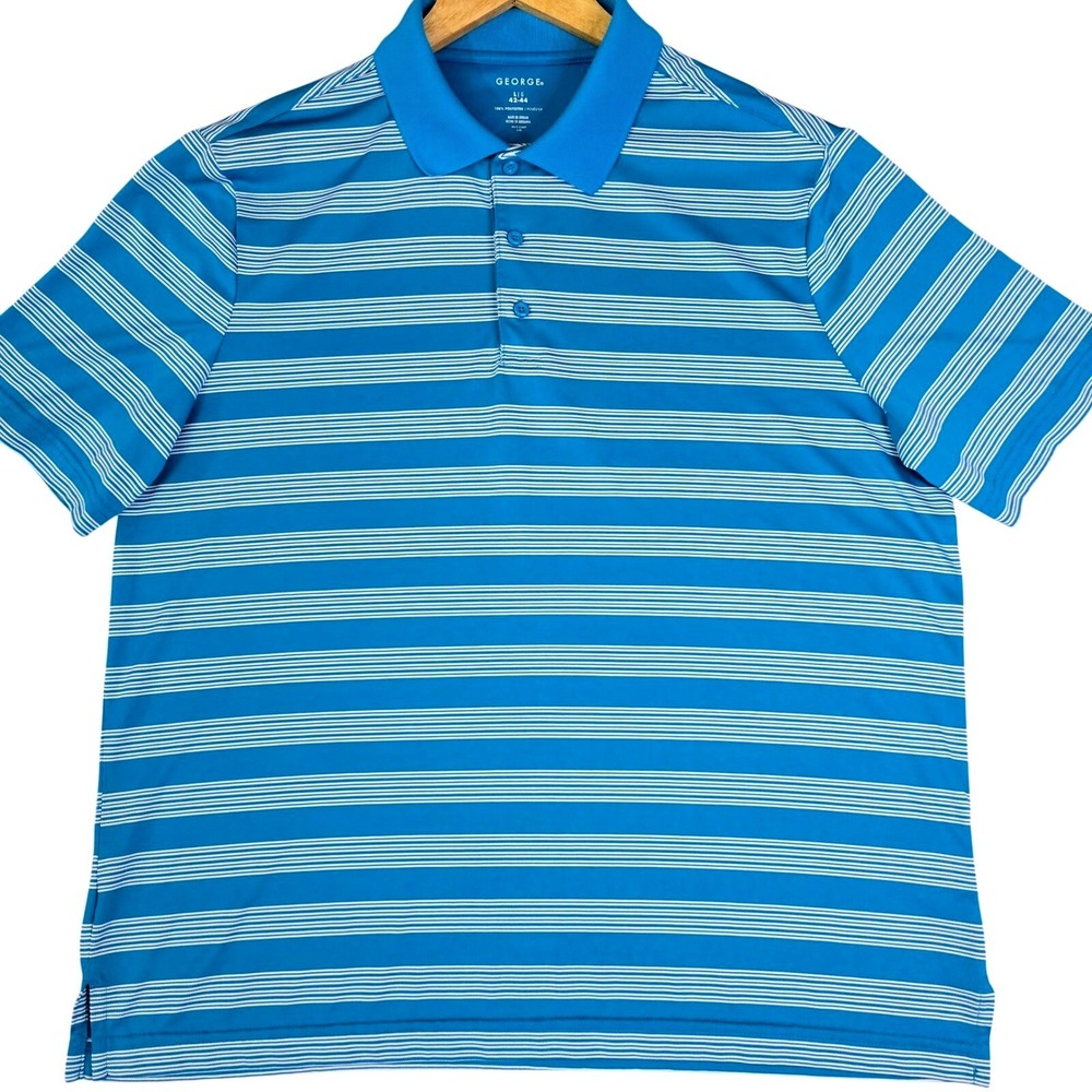 George Mens Size L Golf Polo Shirt Aqua Blue Stripe Performance